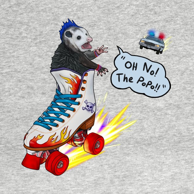 Rebellious Opossum With A Mohawk Running From Cops In A Skate - Oh No, The Po-Po! by Ashley D Wilson